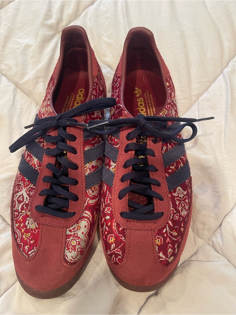 adidas Men’s Red Patterned Sneakers with Navy Stripes